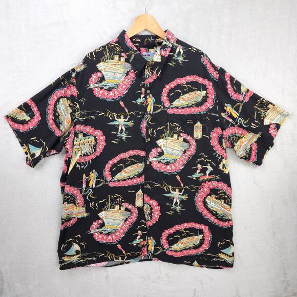 Vintage Reyn Spooner Hawaiian Shirt Mens 3XL Black Hula Lei Floral Button Down - Picture 1 of 6